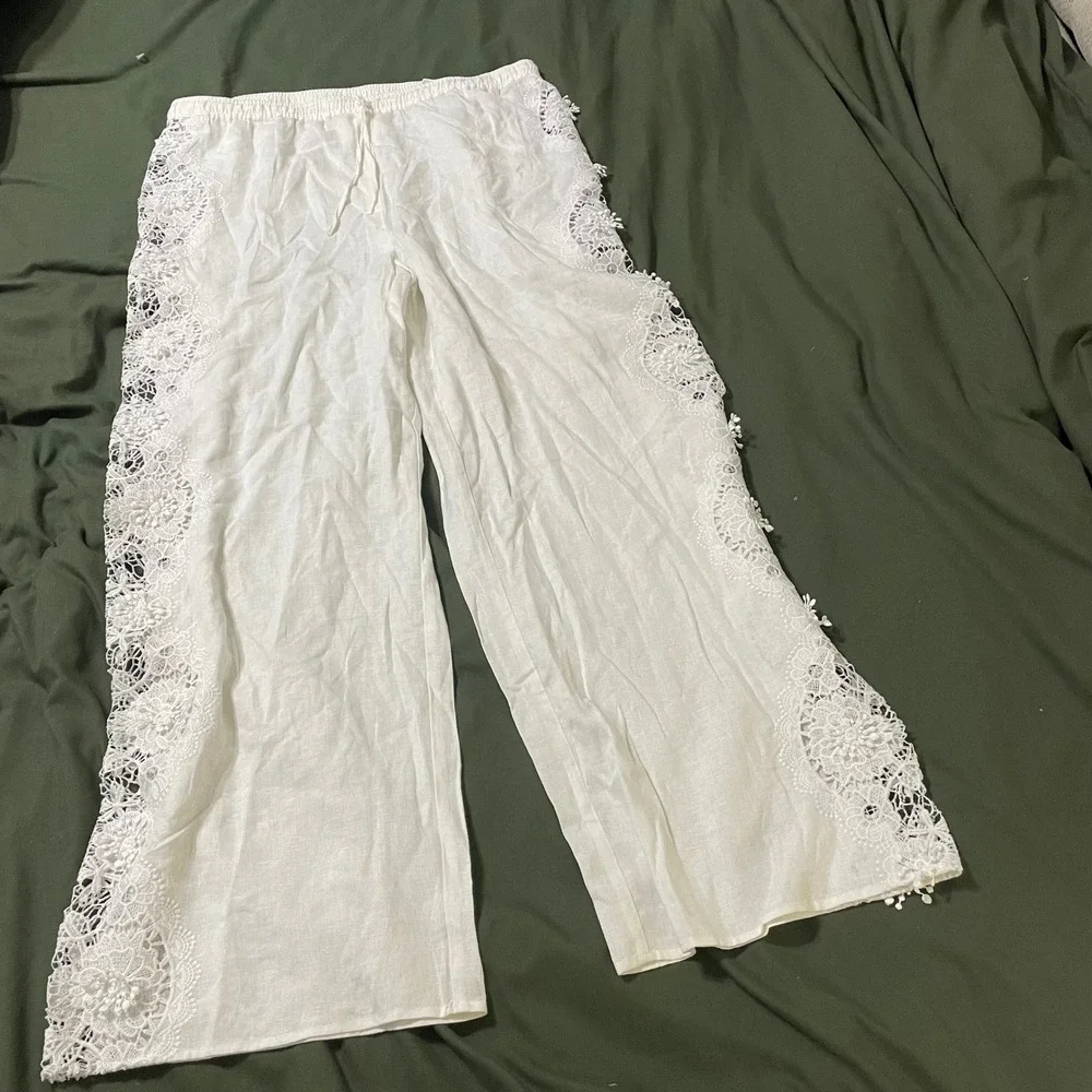 H&M Pants Womens L White Linen Blend Crochet Lace Wide Leg Boho Trousers NEW
